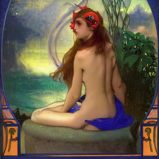 Image similar to Demon Girl at the palace, refracted sparkles, thunderstorm, greek pool, beach and Tropical vegetation on the background major arcana sky, by paul delaroche, alphonse mucha and arnold böcklin, hyperrealistic 8k, award-winning, very very very detailed