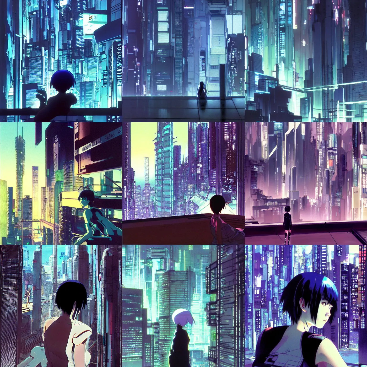 Prompt: glitch ghost in the shell lain looking over the cityscape by makoto shinkai concept art by syd mead