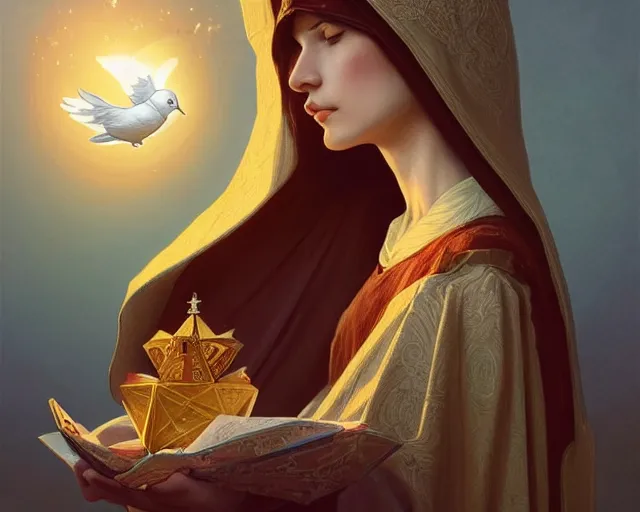 Image similar to the holy spirit as a dove, photography of kurzgesagt, deep focus, d & d, fantasy, intricate, elegant, highly detailed, digital painting, artstation, concept art, matte, sharp focus, illustration, hearthstone, art by artgerm and greg rutkowski and alphonse mucha