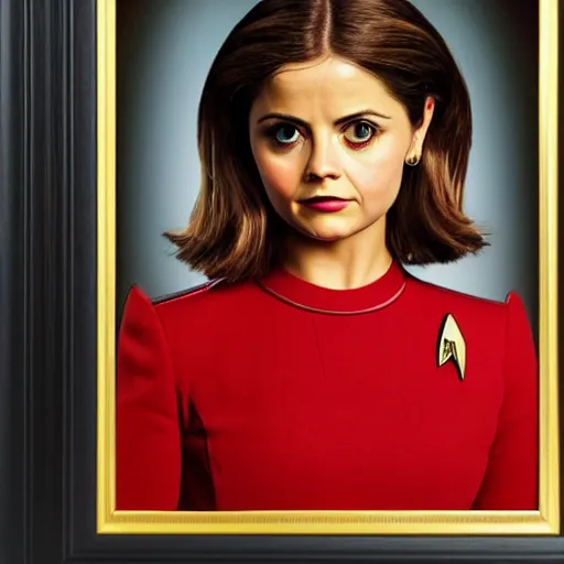 Image similar to a beautiful full body photograph of younger jenna louise coleman as a star fleet officer from star trek next generation, full dress uniform, symmetrical face, extreme realism and detail, 8 k, completely framed, direct lighting, 3 5 mm photo, photorealistic, sharp focus