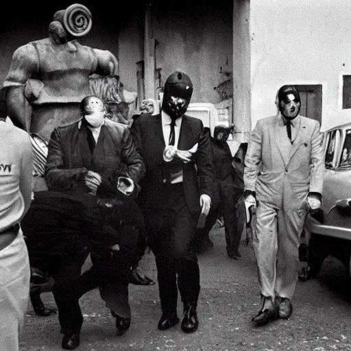 Prompt: 8 k uhd photos from italian mafia associations ( circa 1 9 6 0 ), some of them use gas masks, uhd face details, uhd character details, national geography winning photo contest