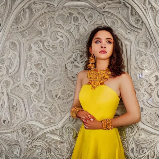 Image similar to portrait of bright yellow dress, glowing, ornate and intricate, jaw dropping beauty, glowing background lighting, white accent lighting, hyper detailed, 4 k octane render