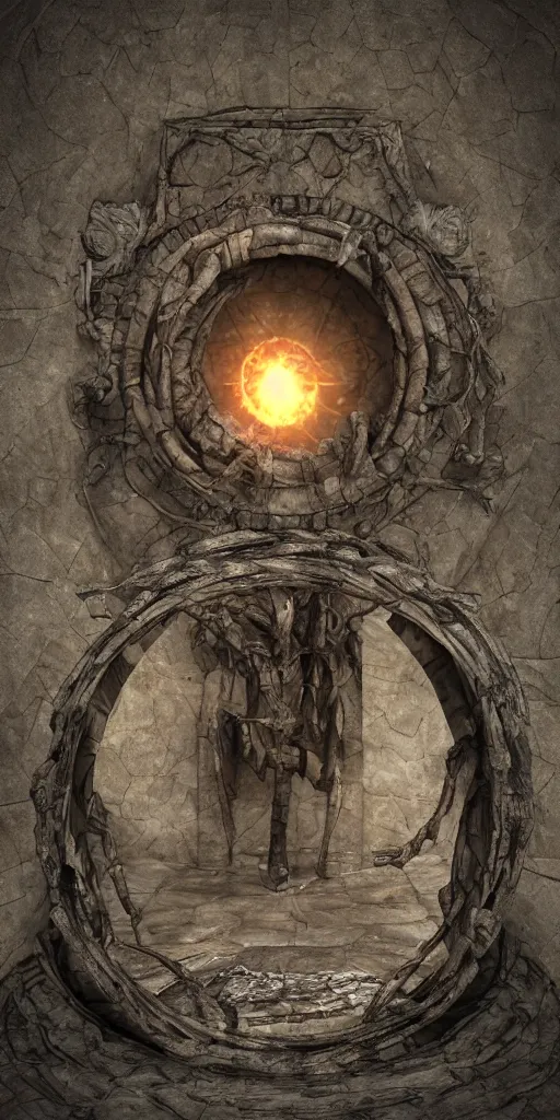 Image similar to round portal to another world containing the mummified demon lord, dark, gritty, damaged, hellfire, hostile, demonic, diabolic, cinematic light, 3 d cg, cel shading