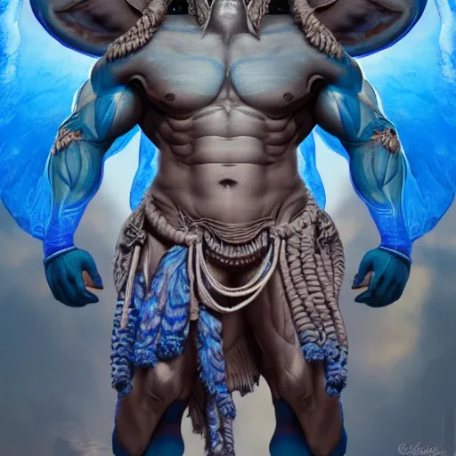 Image similar to muscular, blue bodied lord shiva, engineering a half elephant, half human being, vivid and colorful, cinematic, highly detailed, artstation