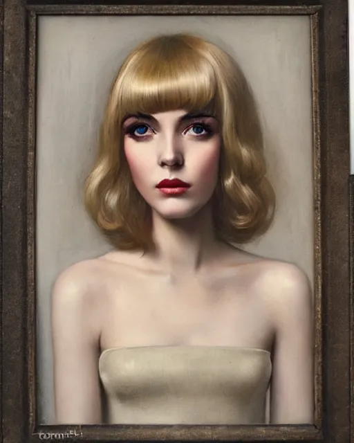 Image similar to portrait 1 9 6 0 s elegant blonde beautiful mod girl, long straight 6 0 s hair with bangs, groovy, by tom bagshaw, sargent