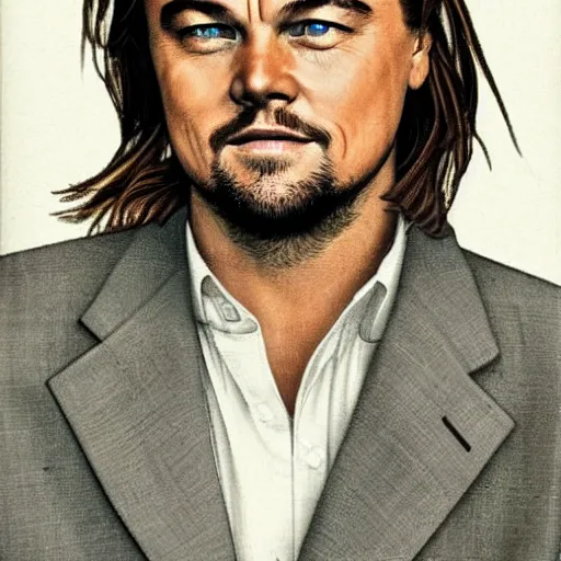 Image similar to Leonardo DiCaprio with a mullet and mustache, portrait, detailed