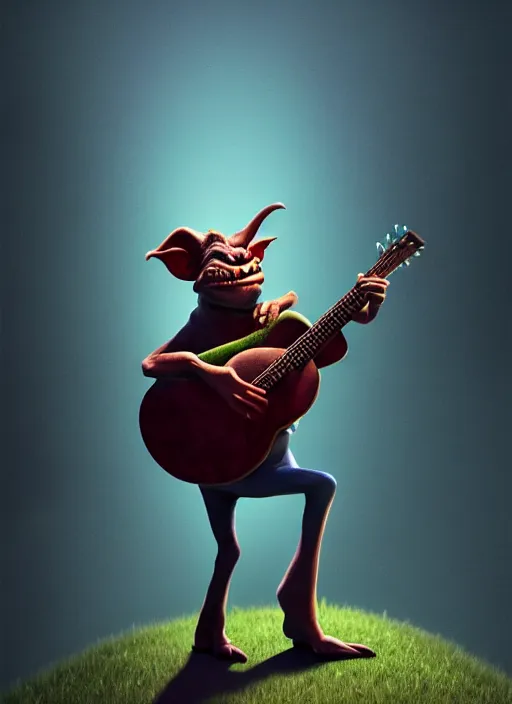 Prompt: a cute sharply dressed goblin playing the blues on an old acoustic guitar, in the style of boris valejo and terry gilliam, fantastic, dramatic lighting, smoke, mist, forest, hyperrealistic, photorealistic, accurate, detailed, octane render