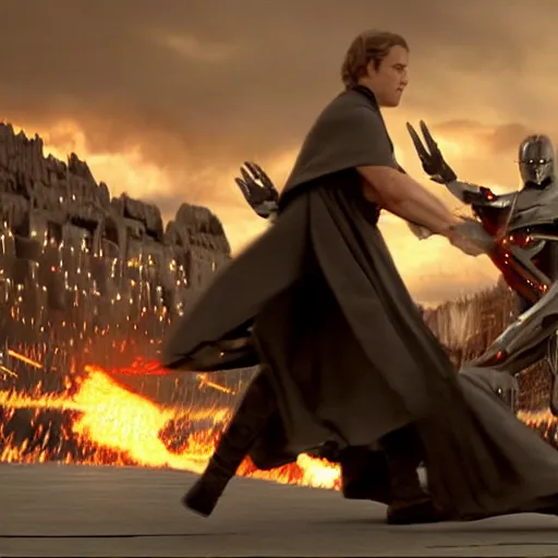 Image similar to battle of the heroes, dramatic composition, bloom, post processing, movie still from revenge of the sith