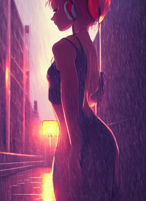 Image similar to listening to music at 2 am, night, pretty girl, pose, rain, lofi, lofi, peaceful, street light, anime key visual, poster, anime, by wlop, high quality, 4 k, trending, trending on artstation