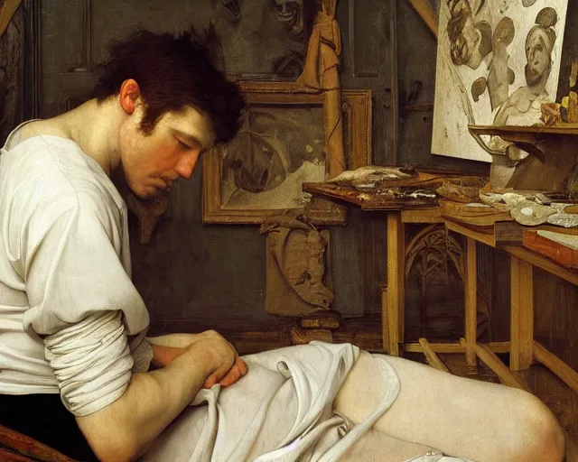 Image similar to an exhausted painter in his studio by edgar maxence and caravaggio and michael whelan, intricate painting, hyper realistic, extremely detailed and beautiful aesthetic face, 8 k resolution