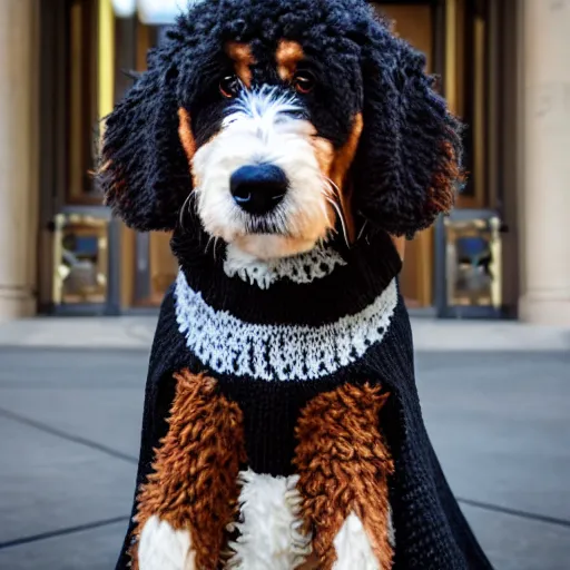 Image similar to a closeup photorealistic photograph of a cute smiling knitted bernedoodle judge dog dressed in a black gown, presiding over the courthouse. indoor image, professional capture, well lit shot. this 4 k hd image is trending on artstation, featured on behance, well - rendered, extra crisp, features intricate detail, epic composition and the style of unreal engine.