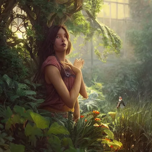 Image similar to a beautiful girl is taking care of the garden in a beautiful and varied vegetation dream garden with quality pruning shears, artstation greg rutkowski, cinematic, hyperrealist, beautiful face and features, the most beautiful girl digital art, light essential calm quality wlop projection render