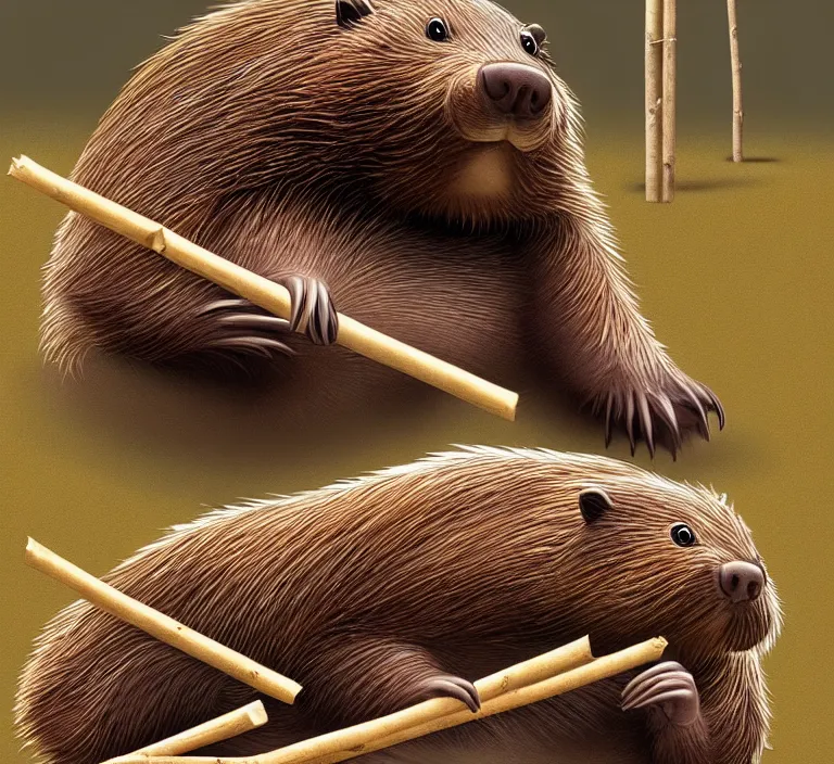 Image similar to photography hyperrealism concept art of anthropomorphic beavers builders that building city with sticks