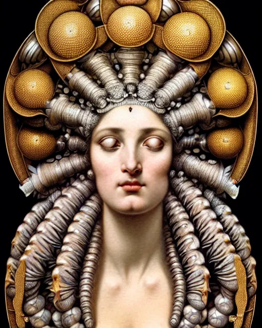 Prompt: hyperrealistic detailed face portrait of the beautiful goddess of the giant isopods with an intricate golden ornamental geometrical giant isopod headdress, art by ernst haeckel, john william godward, android jones, h. r. giger, gothic - cyberpunk, ornamental, dimmed pastel colours,