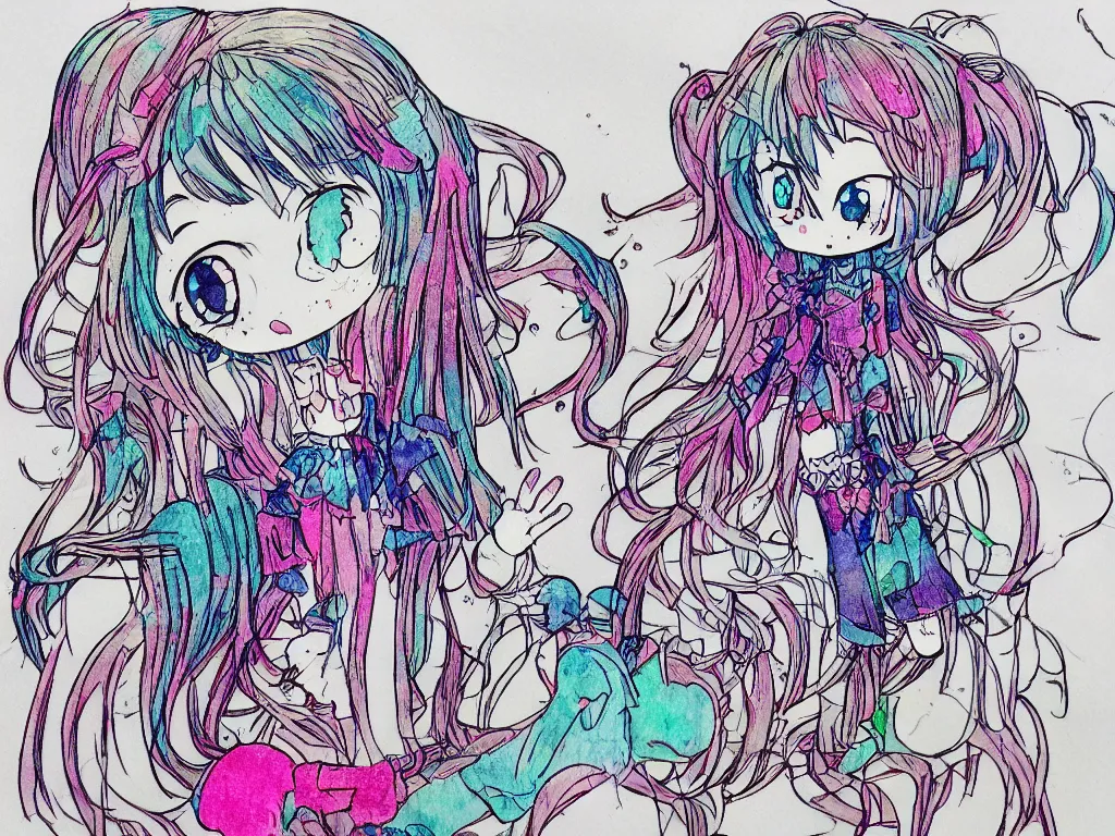 Image similar to glitched color pen plotter outline drawing of a cute fumo plush girl, rendering error, anime, cursed enigmatic gothic maiden, splashed leaking wet watercolor all over