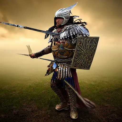 Prompt: warrior with eagle armour, highly detailed, 4k, HDR, smooth, sharp focus, hyper realistic, high resolution