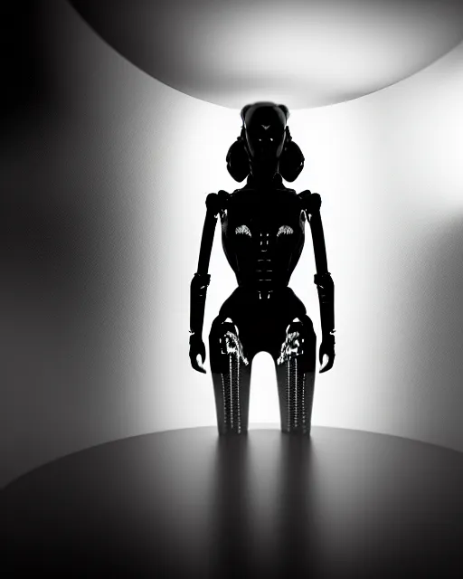 Prompt: black and white high quality photo of a female AI-queen-dragon-meshes-cyborg looking into a sci-fi mirror, volumetric lighting, brutalism, foggy, dreamy, hyperdetailed, bokeh, photorealistic, cinematic, masterpiece, elegant, dark, in the style of Horst P. Horst, octane render, 8K,