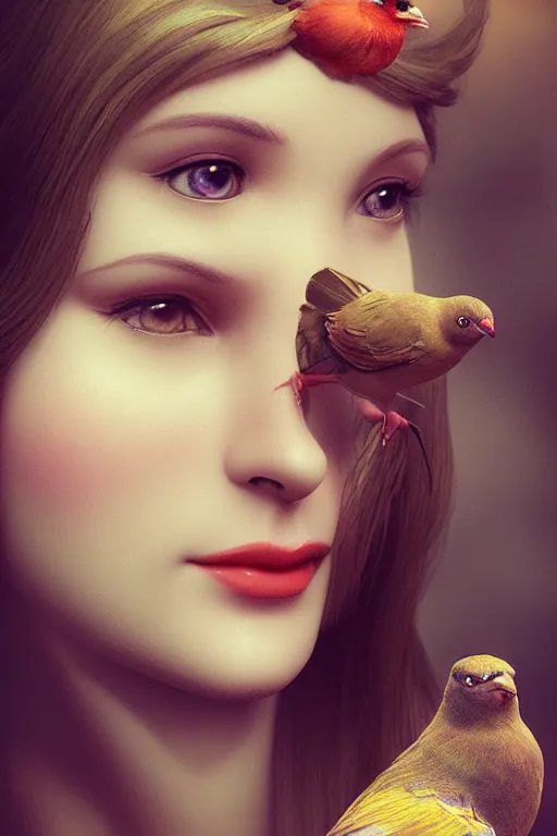 Image similar to close up 3 d render of english princess holding birds, beautiful face, realistic face, closeup, ornaments, mucha vibe, dieselpunk, solarpunk, artstation, andrei riabovitchev