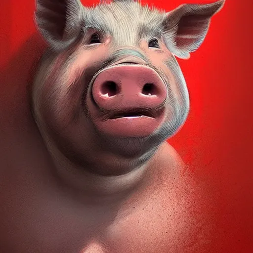 Image similar to portrait of a half man half pig with red shirt ,digital art,photorealistoc,art by greg rutkowski,hyperdetailed,western comic style,comic,comic style,sharp lineart,professional lighting,deviantart,artstation,trevor henderson,rossdtaws,cinematic,dramatic