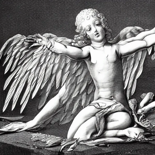 Image similar to autopsy dissection of an angel, 18th century illustration, black and white, concept art