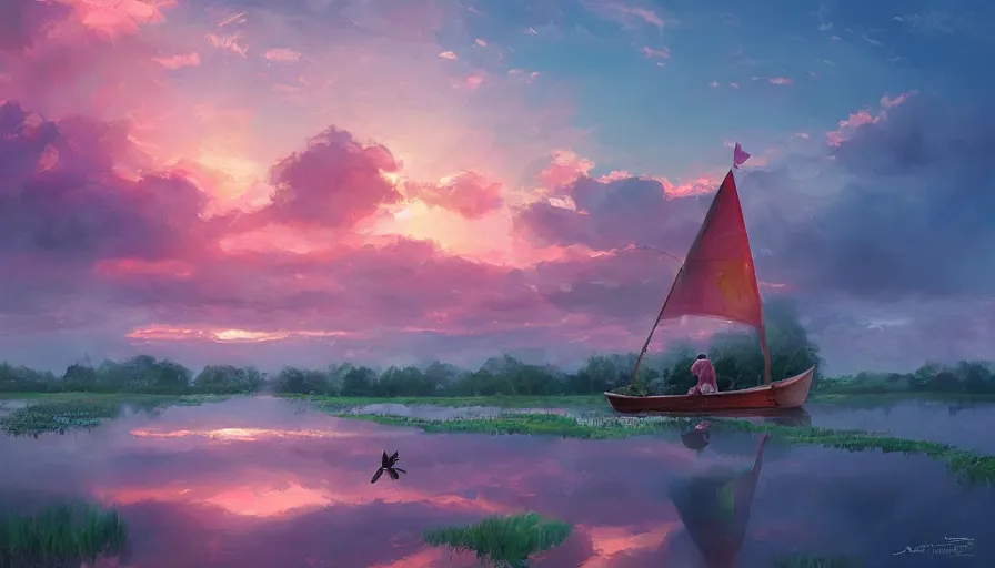 Image similar to a garden gnome sails across a pond in a bucket, dramatic pink clouds, blue sky, jessica rossier, art station