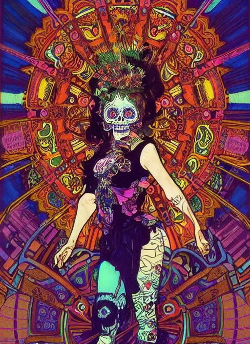 Prompt: realistic detailed psychedelic poster art of a cute punk goth fractal Día de los Muertos girl posing by Victor Moscoso Rick Griffin Alphonse Mucha Jamie Hewlett Moebius, masterpiece