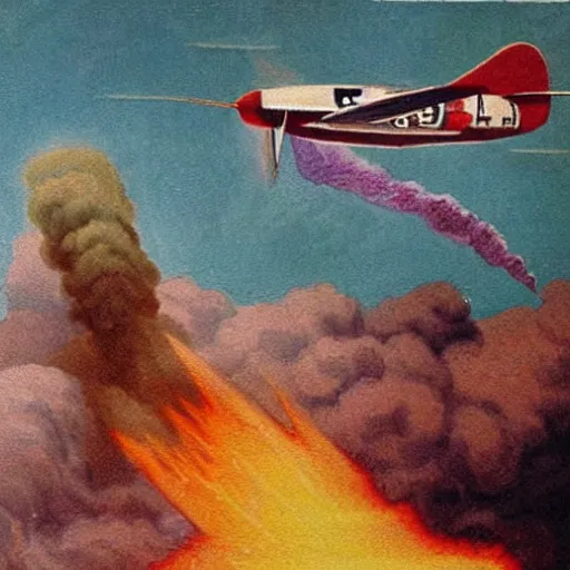 Prompt: Painting depicting a kamikaze descending upon his objective with a trail of burning smoke behind the plane.
