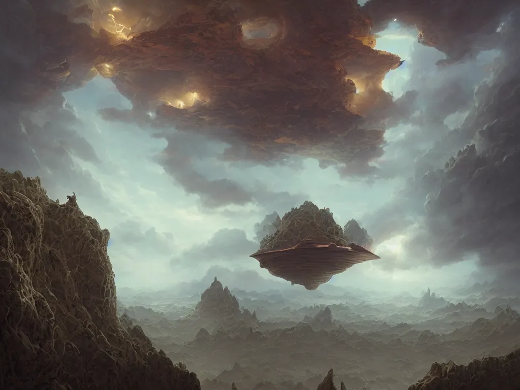 Image similar to a beautiful matte painting of a singular ufo by peter mohrbacher and m. c. escher and gustave dore and sam spratt, cinematic, dynamic lighting, concept art, realistic, realism, colorful