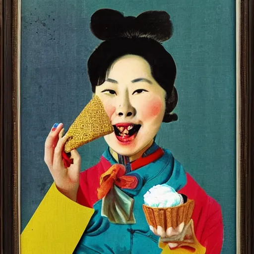 Prompt: happy chinese woman eating icecream in a collage by max ernst