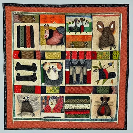 Image similar to folk art quilt with a rodent theme, museum of modern art, new york