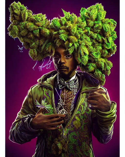 Prompt: snopp dogg holding pounds of weed turkey bags, accurate details, detailed face, purple liquid in cup glowing, fantasy, dramatic, intricate, elegant, highly detailed, digital painting, artstation, concept art, smooth, sharp focus, illustration, art by Gustave Dore, octane render