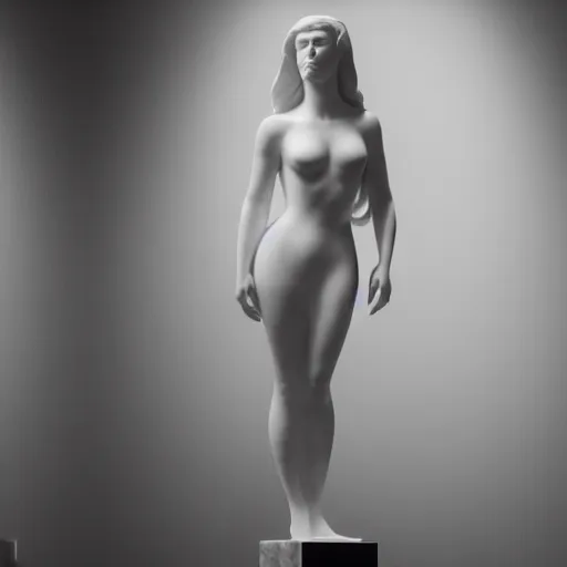 Image similar to a realistic modern white marble statue of kim kardashian wearing a ghostly dress, displayed in a museum art gallery, moody, dramatic lighting, dark, photorealistic, cinematic scene, super detailed, hyper realistic, 8 k