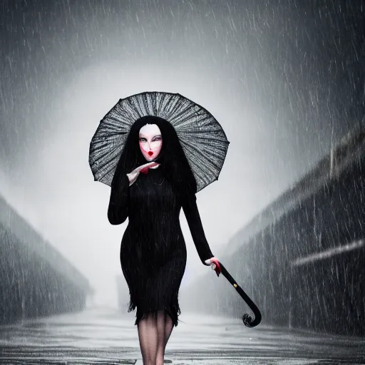 Image similar to morticia addams holding a parasol during a [ humid, rainy day ] as she saunters across the city, closeup!!!, trending on artstation, 4 k photorealism, unsplash contest winner, shot by jimmy nelson