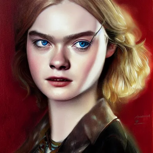 Image similar to ultra realistic portrait painting of elle fanning as a western outlaw, art by erick arciniega, 4 k, ultra realistic, highly detailed, epic lighting