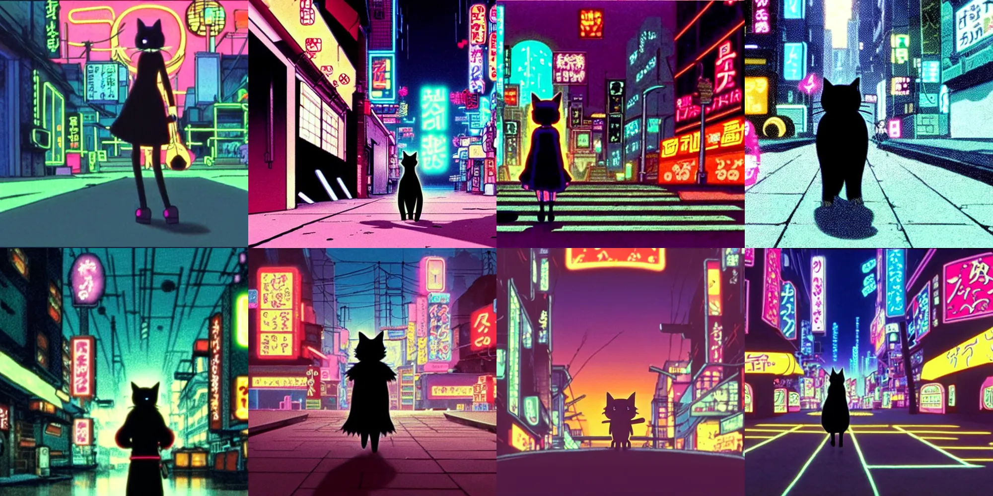 Prompt: low profile shot of adorable black cat walking through neon cyberpunk city, studio ghibli, hayao miyazaki, anime