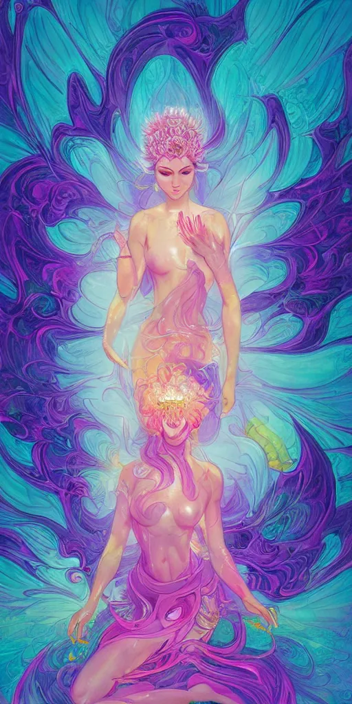 Image similar to 'lotus goddes, full body, purple, pink, yellow, concept character, water drops, lotus flower, beautiful, stunning, pink mist, radiating power, energy, god rays, luminescence, fractal, style of james jean, akira, satoshi con'