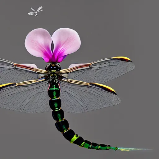 Prompt: a beautiful huge dragonfly with big mechanical wings, ultra detailed, magnolia, orchid, freesia and black butterflies, ethereal, smoke art, lemon infrared, sinuous dynamic fluidity