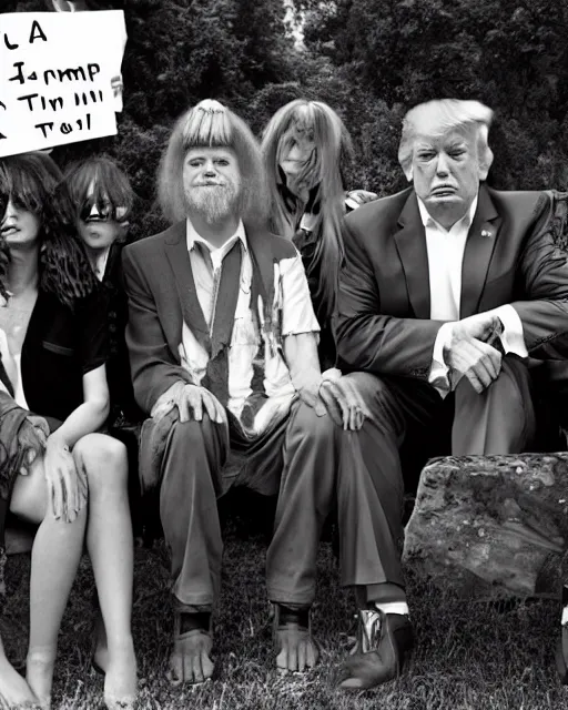 Image similar to if donald trump became a hippie, photoshoot in the style of diane arbus, hyperreal