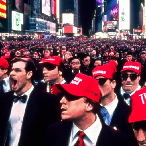 Prompt: still of donald trump clones invading time square, wearing maga hats, in american psycho ( 1 9 9 9 )