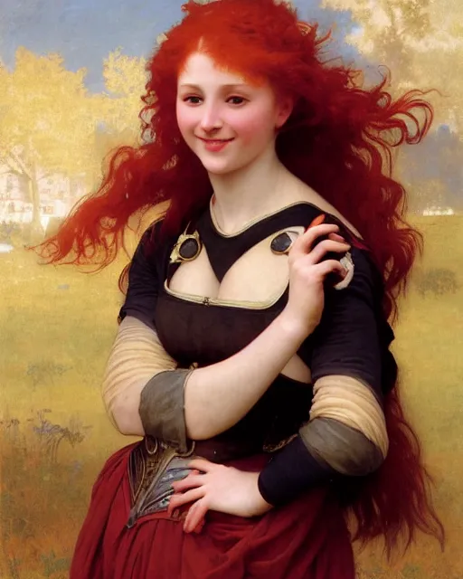 Prompt: fantasy portrait of a happy young women looking with red hair and freckles, slight smile, renaissance colorful dress, leather armor, music instrument in hand, backlit, digital painting by William-Adolphe Bouguereau and and boris vallejo, trending on Artstation, sfw