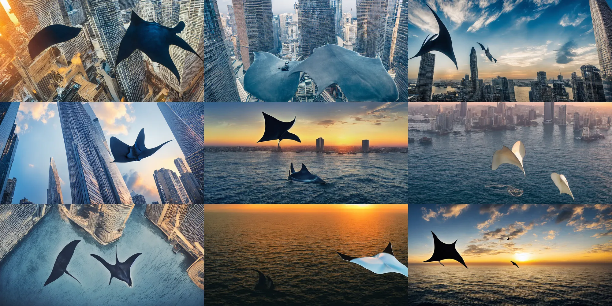 Prompt: a huge manta ray is floating in the air near a skyscraper, surreale, epic, cinematic shot, golden hour, atmosphere, high definition