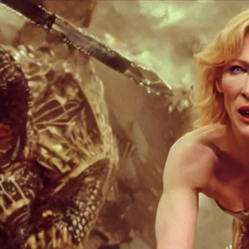 Image similar to cate blanchett fighting a monster, barbarella