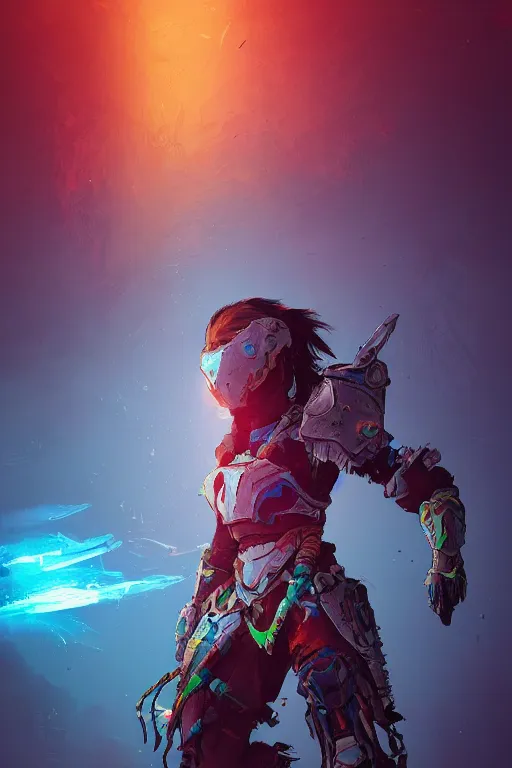 Image similar to combination suit armor aloy horizon forbidden west horizon zero dawn radiating a glowing aura global illumination ray tracing hdr fanart arstation by ian pesty and alena aenami artworks in 4 k tribal robot ninja mask helmet backpack