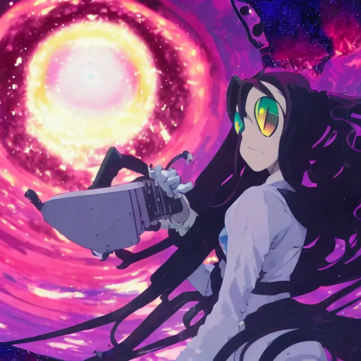 Image similar to close up of Albedo from overlord, close up of mamimi samejima from flcl, psychedelic background, epcot, inside a space station, eye of providence, female anime character, Ruan Jia, giygas