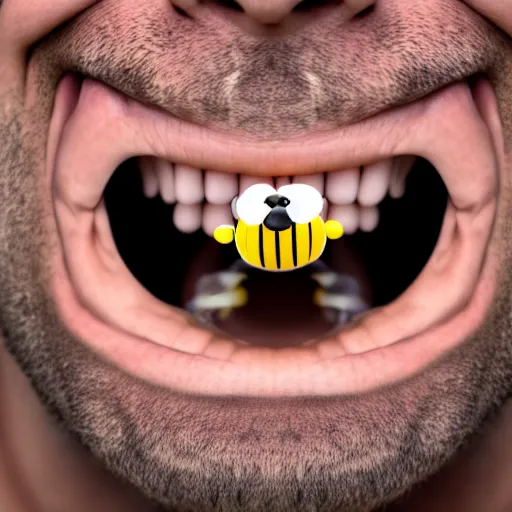 Image similar to photograph of smiling man with bees inside his mouth, 8k resolution, high detail, ULTRA REALISTIC VFX, reflections