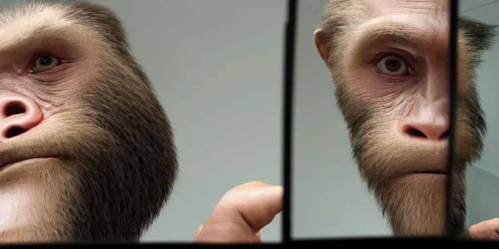 Prompt: ultra wide angle photo of vladimir putin, looking at himself in a bathroom mirror and seeing his reflection as a hairy australopithecines like ape version of himself