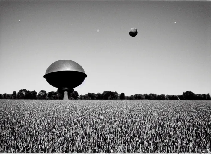 Image similar to Flying saucer landing in corn field with two moons in the sky, albumen silver print film grain photography 8mm by Timothy H. O'Sullivan