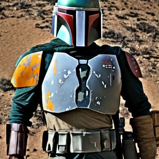 Image similar to Boba Fett in desert camo mandalorian armor and tacticool gear