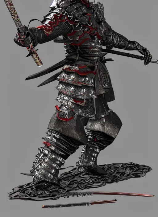 Image similar to A dragon inspired Japanese samurai armor, holding a katana, powerful, fire reflection, trending on artstation, product photo