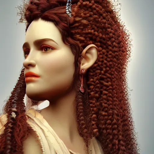 Image similar to a profile of gypsy girl with long curly hair and big goat horns, octane render, 4 k, 8 k, behance hd